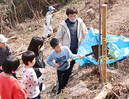 宝珠山で坂越小児童も協力した赤穂ロータリークラブの桜植樹