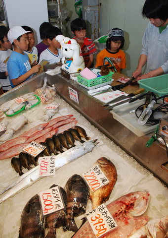 魚のさばき方も見学した児童たち