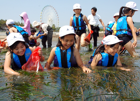 腰まで水につかって種子を探す子どもたち