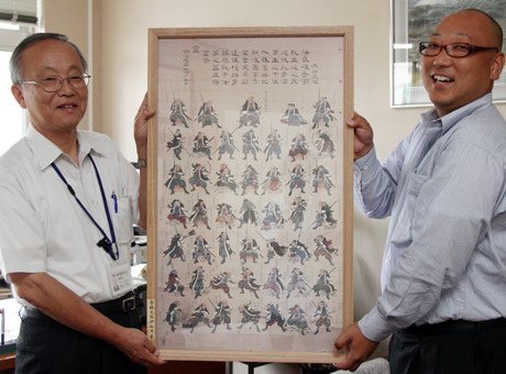 赤穂義士の複製画を室井久和教育長に手渡す矢野英樹さん(右)
