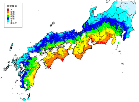 南海トラフ巨大地震を想定して国が発表した震度分布