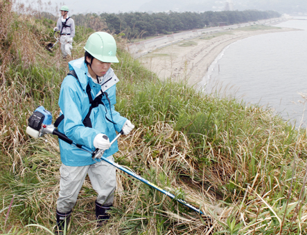小雨の中、唐船山で除草奉仕を行った「山の学校」の生徒たち