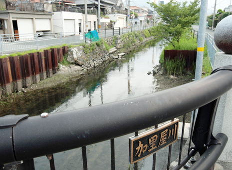 河川整備計画案に国の同意を得た加里屋川。工事が中断して矢板がむき出しになったままの個所もある