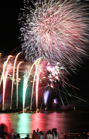 色とりどりの打ち上げ花火が夜空を彩った「市民の夕べ−播州赤穂花火大会」=写真は多重合成です