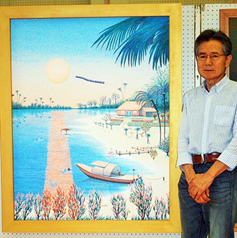 たつの市美術展の洋画の部で市長賞を受賞した米谷勝利さんと作品