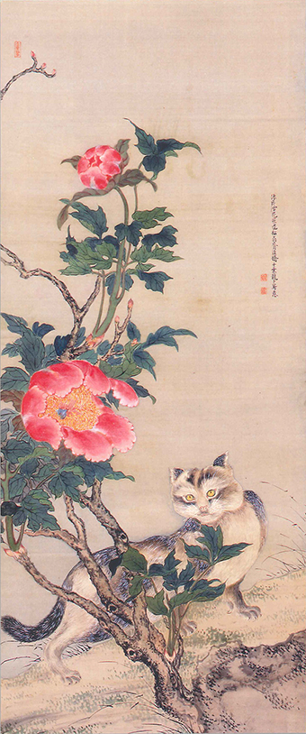 「牡丹に猫図」(3幅対のうち)千葉龍卜筆(神戸市立博物館蔵)