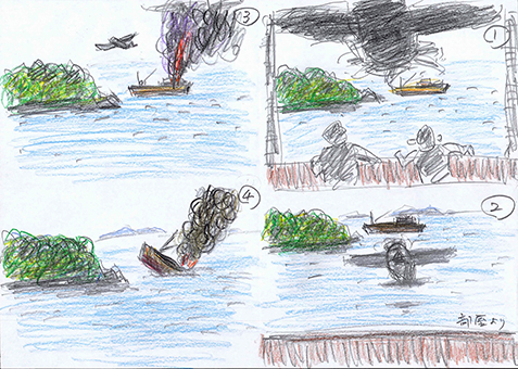 せりあ丸が空襲を受けて沈没したときの光景を描いた鳥井廣夫さんのスケッチ