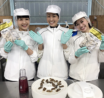 カキパウダーを商品開発する船曳さん三姉妹=船曳商店提供