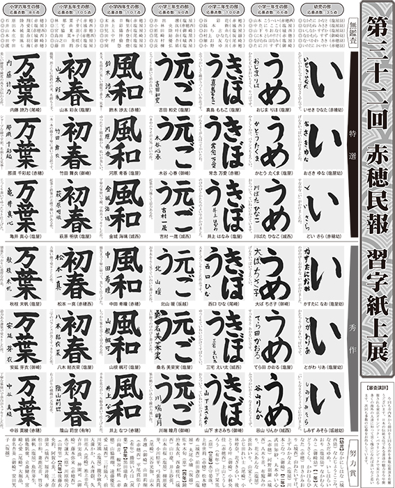 第32回赤穂民報習字紙上展の入賞者