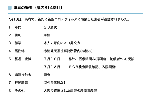 赤穂居住者の新型コロナウイルス感染を知らせる兵庫県ホームページ
