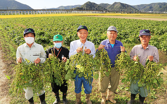 直売会を開く周世の黒枝豆畑と栽培農家のみなさん