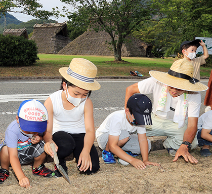 子どもたちも参加して行われたヒガンバナの球根植え付けボランティア活動